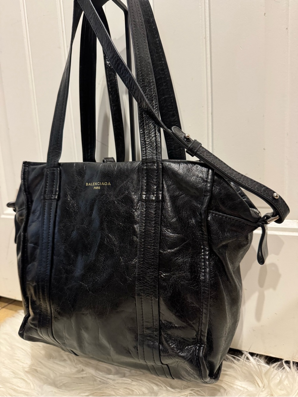 Balenciaga Black Distressed Leather Tote with Adjustable Strap